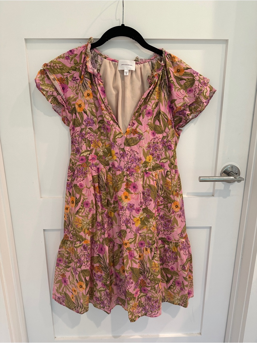 Lavender Brown Pink Floral Dress XS Flutter Sleeve Tiered Garden Party Dres